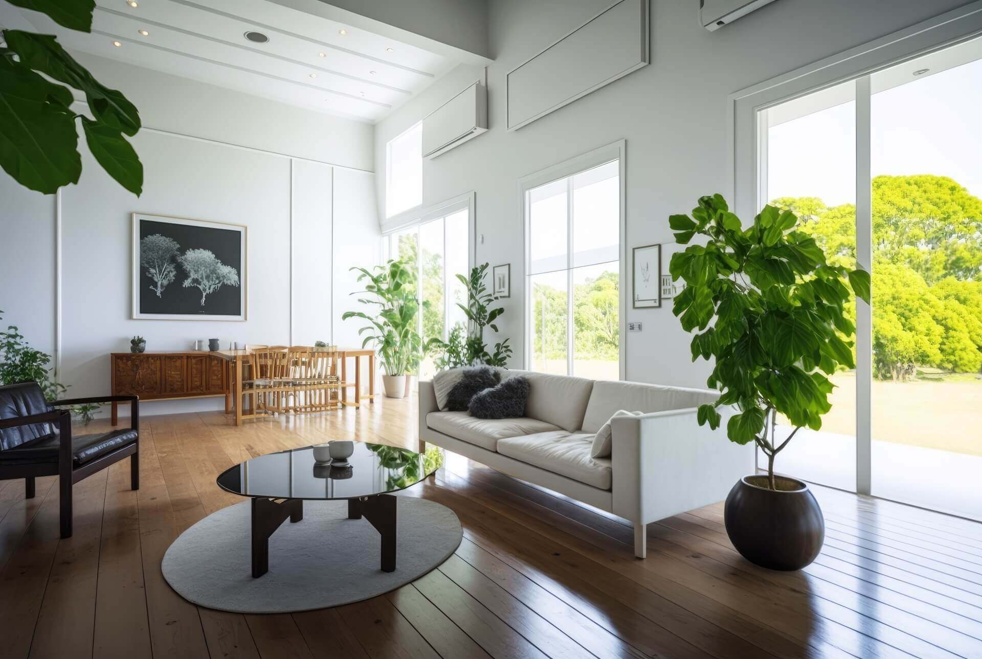 自然が一望できる大きな窓のある広い部屋に、観葉植物や机、ソファなどの家具や絵画が装飾されている写真