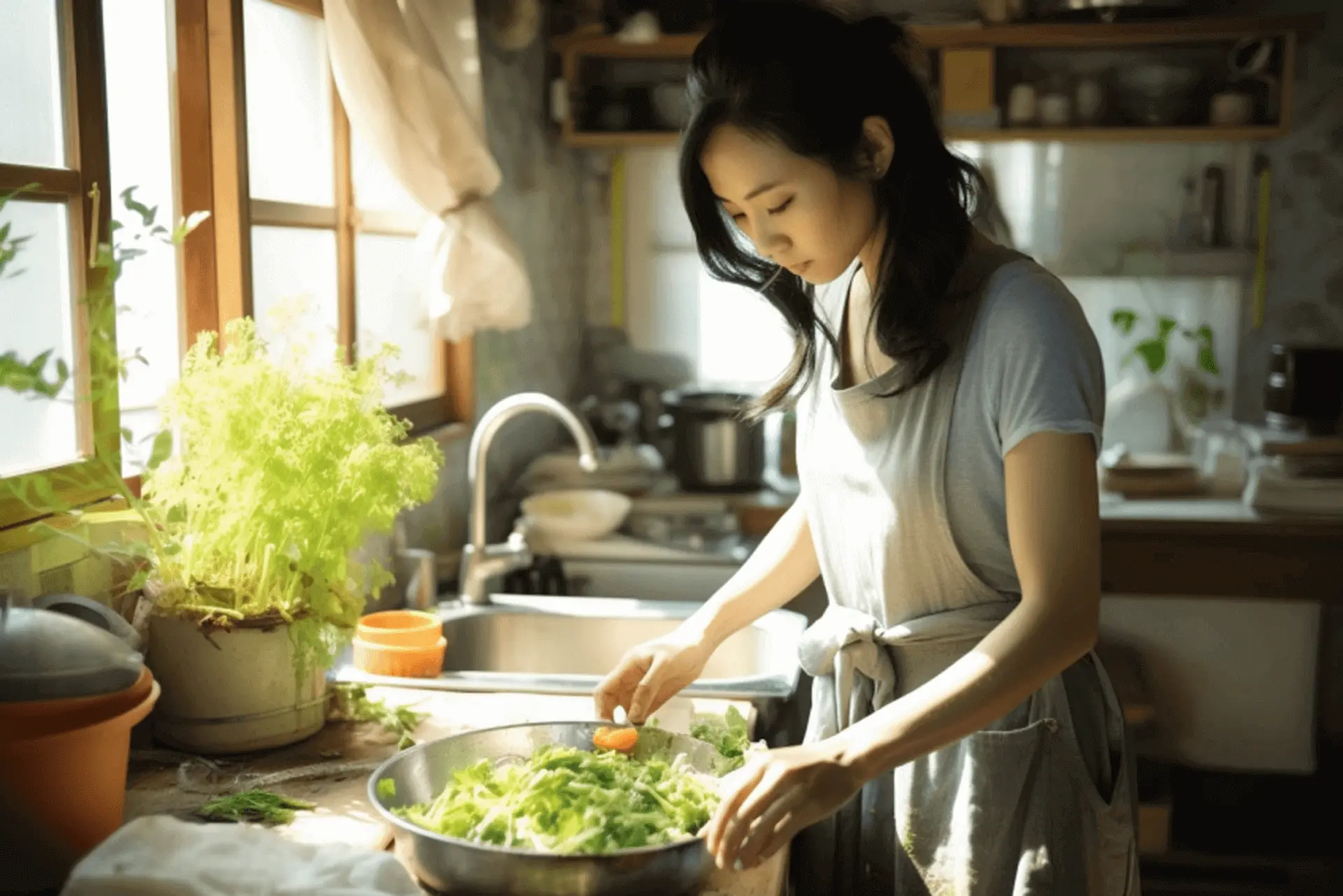 キッチンで調理する女性スタッフの写真